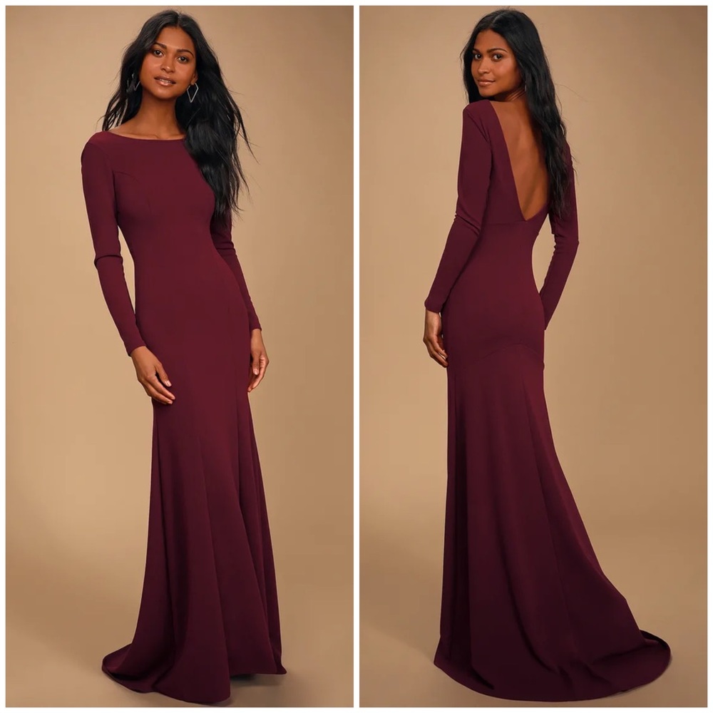 Lulu’s Wait For Me Long Sleeve Maxi Dress Open Back Gown in Burgundy Size Medium